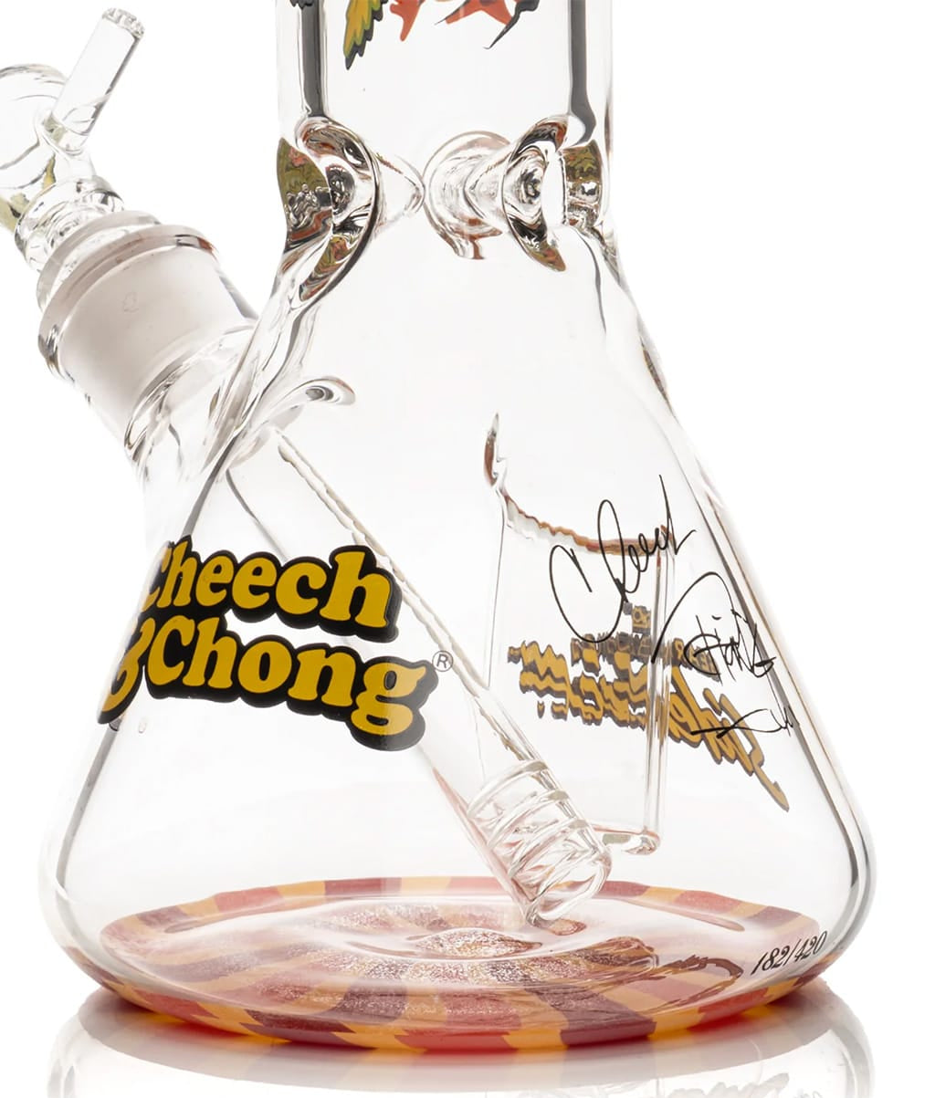 Close-up of the numbered Cheech & Chong logo and signatures on the Parked Sidekick bong base