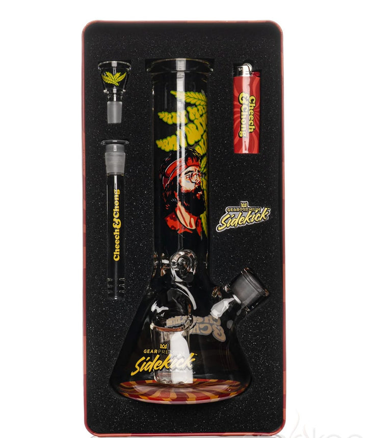 GEAR x Cheech & Chong Parked Sidekick bong nestled in its foam-lined collectible tin with lighter