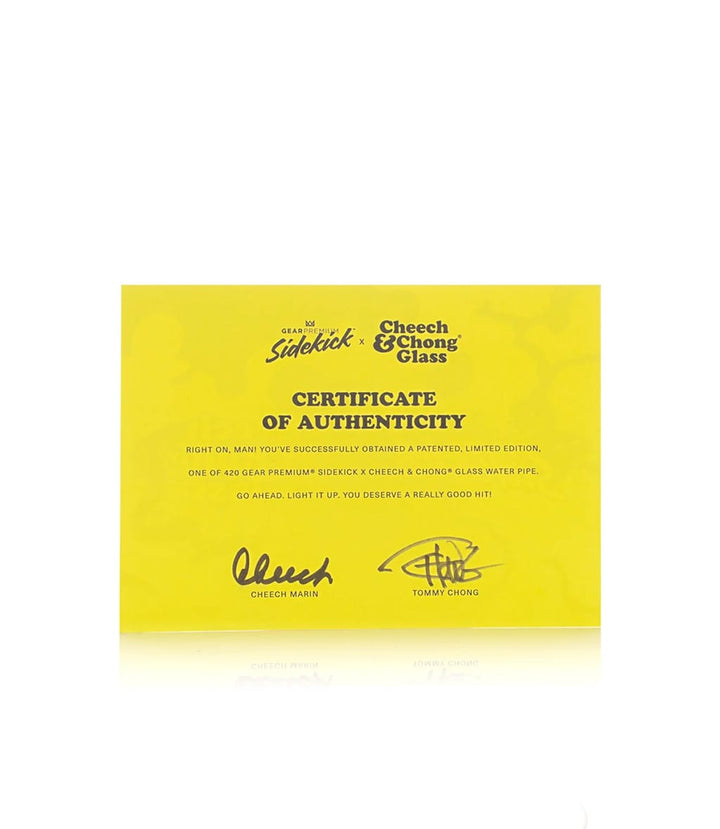 Certificate of Authenticity for the limited edition GEAR x Cheech & Chong Van Sidekick bong, signed by Cheech Marin and Tommy Chong