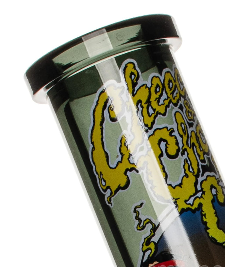 Close-up of Cheech logo etched on green tinted glass of the Van Sidekick water pipe