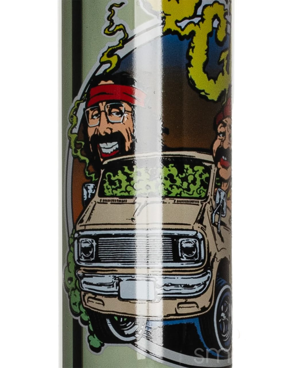 Close-up of Cheech & Chong Van Sidekick collectible tin artwork featuring illustrated van and character graphic