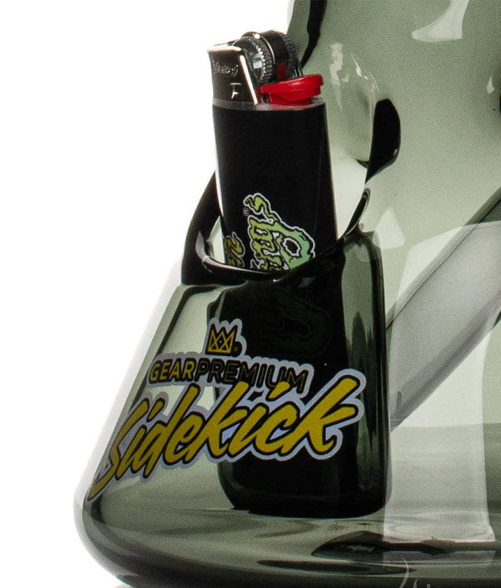 Close-up of GEAR Premium Sidekick logo on Van Sidekick bong with built-in lighter holster holding a lighter
