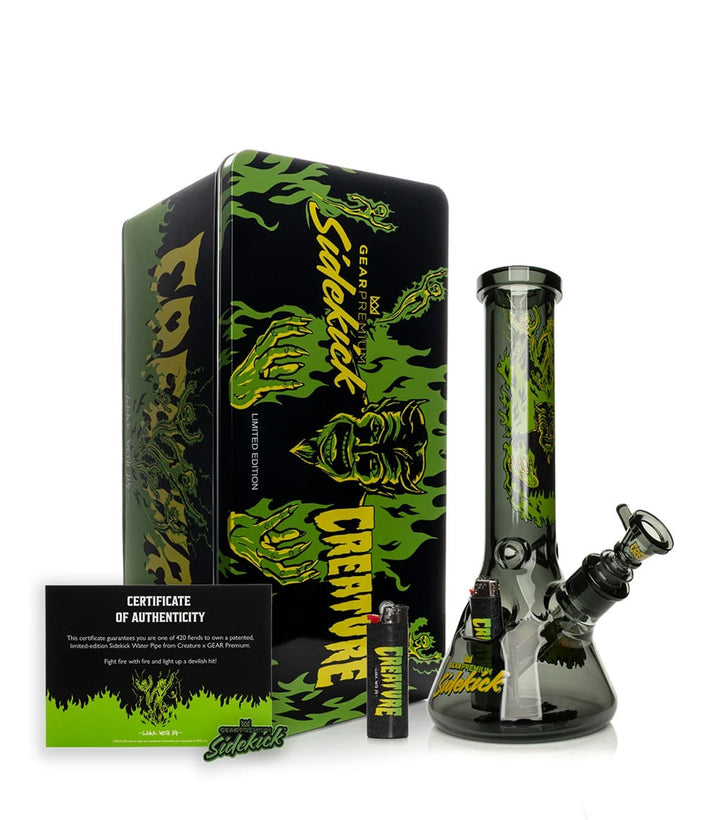 GEAR Premium x Creature Hell Sidekick bong with collectible tin, lighter, and certificate of authenticity