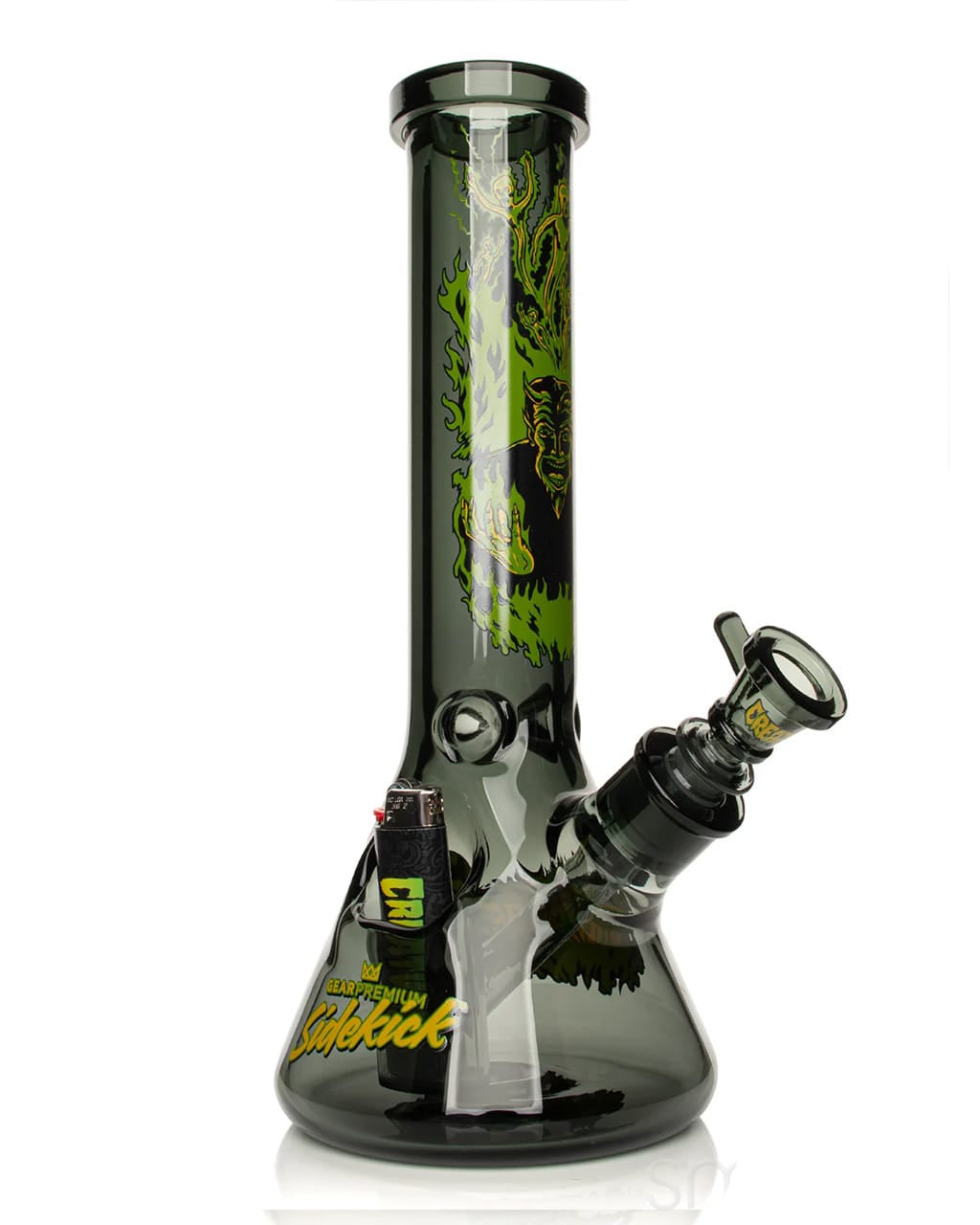 GEAR Premium x Creature Hell Sidekick bong beaker water pipe with green dragon graphic and built-in lighter holster