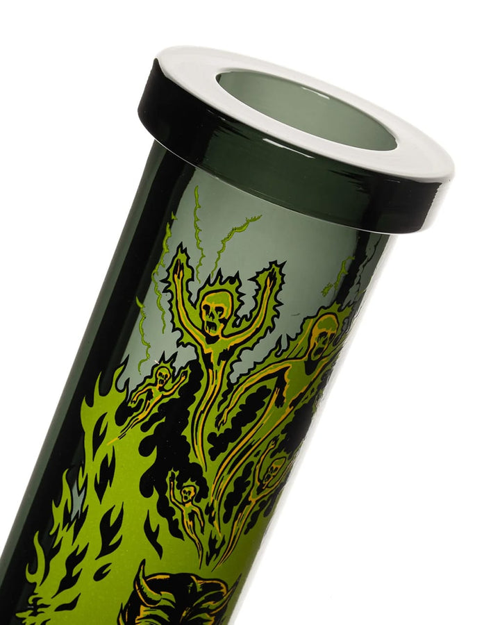 Close-up of GEAR Premium x Creature Hell Sidekick bong neck art featuring skulls engulfed in green flames