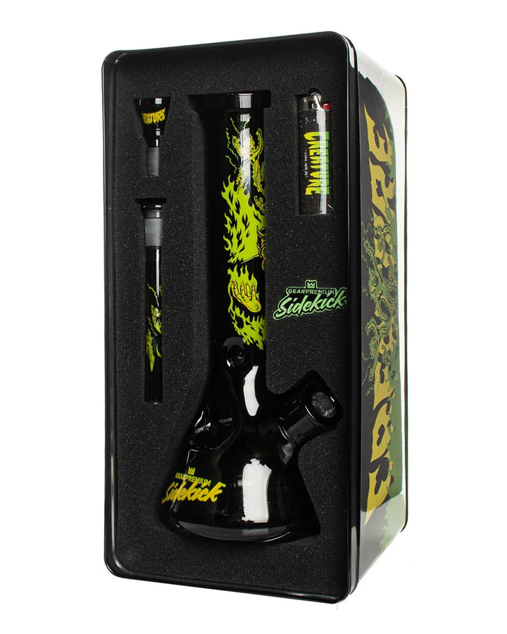 GEAR Premium x Creature Hell Sidekick bong nestled in its foam-lined collectible tin packaging