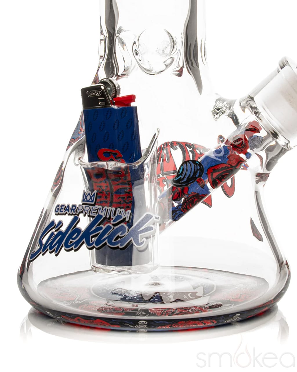 Close-up of GEAR Premium Sidekick lighter holster built into Bertha bong base