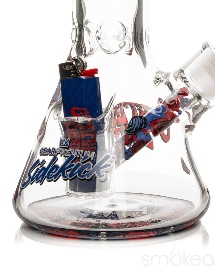 Close-up of GEAR Premium Sidekick lighter holster built into Bertha bong base