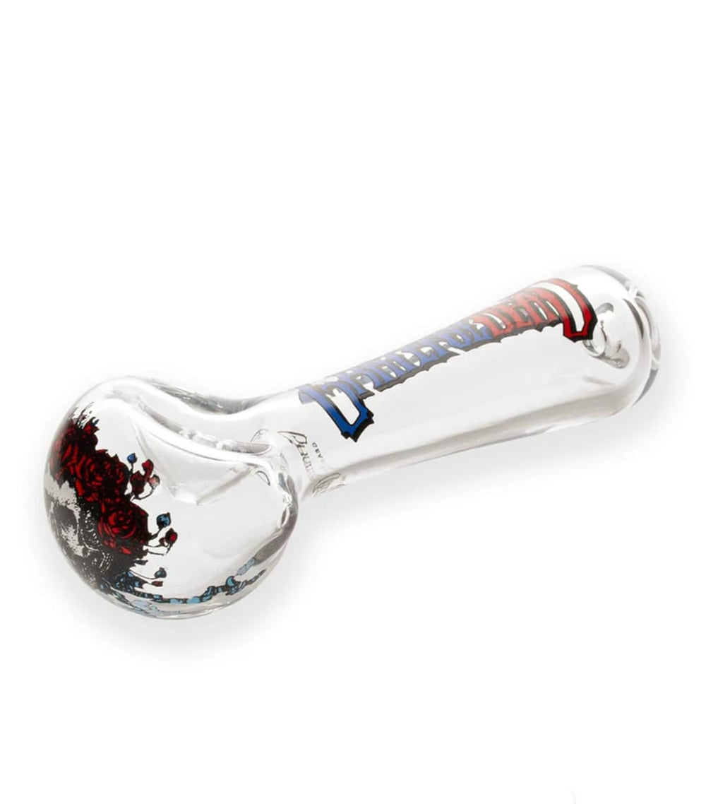 Clear glass spoon pipe with Bertha rose design bowl and Grateful Dead lightning bolt stem art
