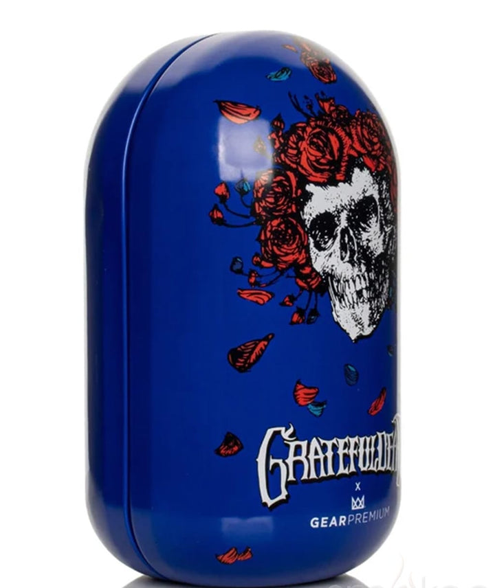 Blue Grateful Dead x GEAR Premium Bertha collectible tin with skull and roses artwork