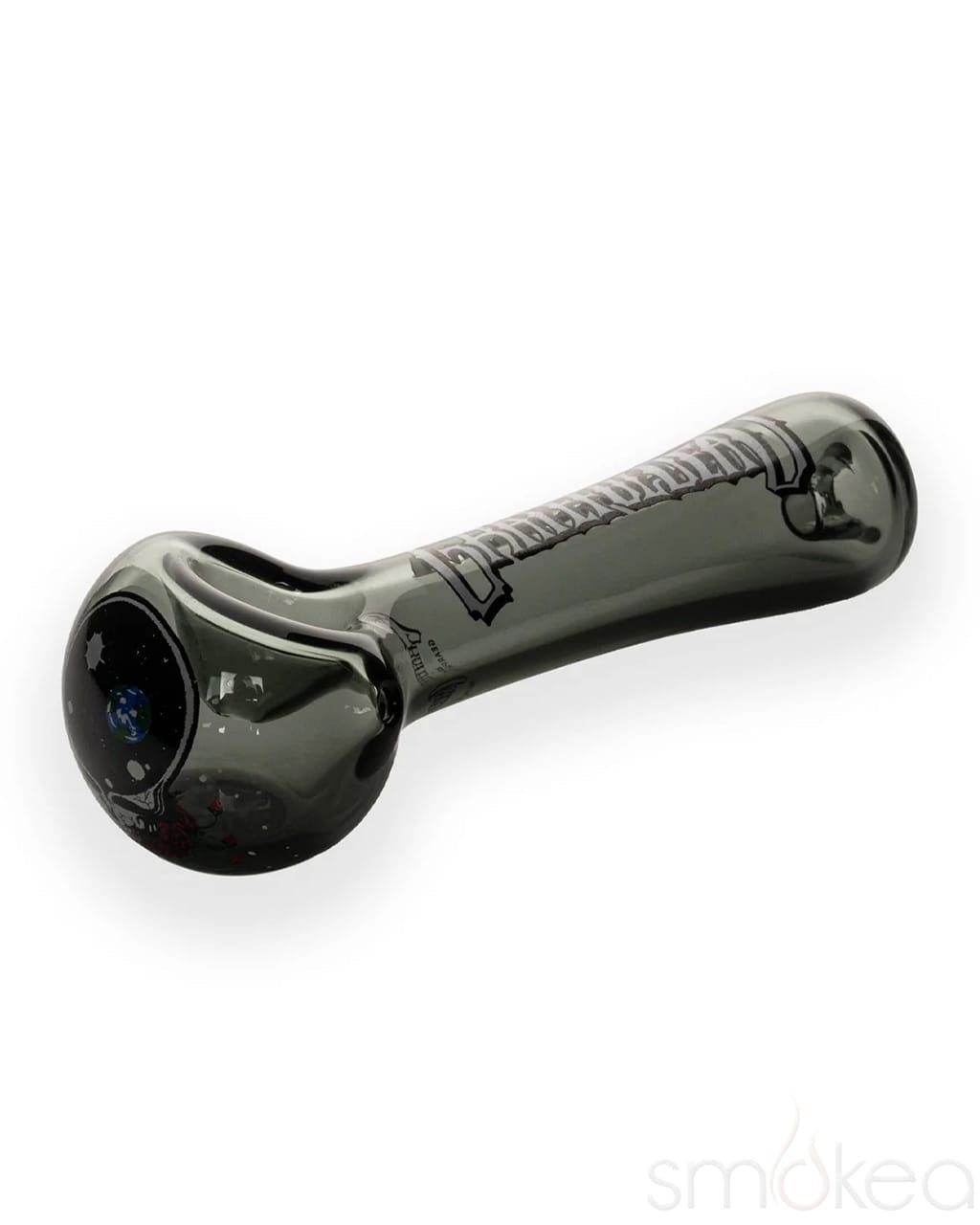 Smoky black glass spoon pipe bowl with cosmic Space Your Face decal detail