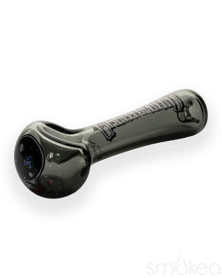 Smoky black glass spoon pipe bowl with cosmic Space Your Face decal detail