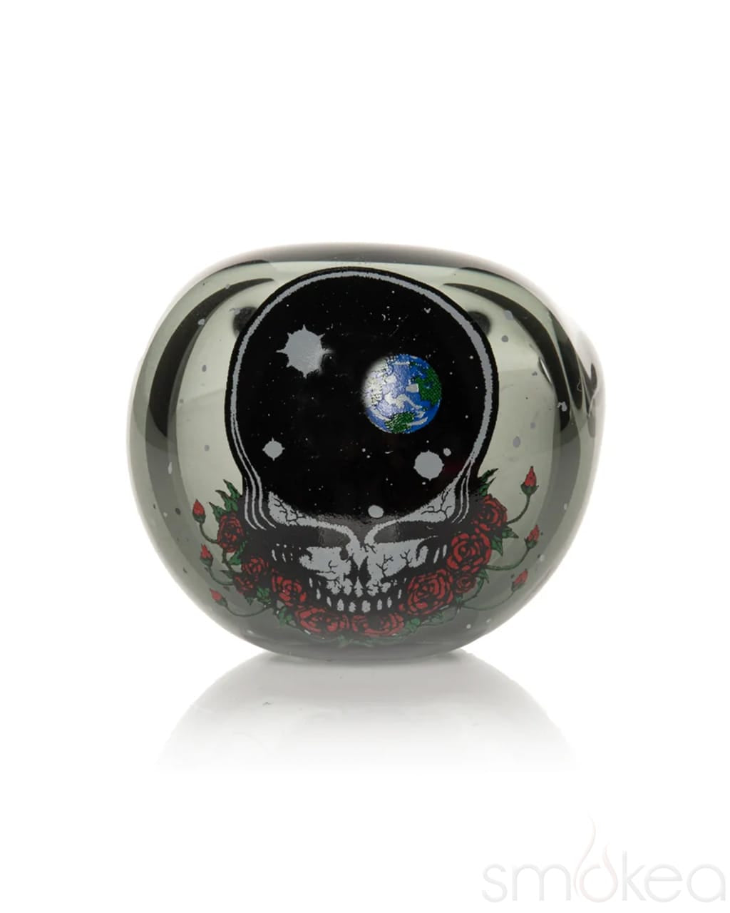 Round view of the Space Your Face spoon pipe bowl showing Earth and skull decal design