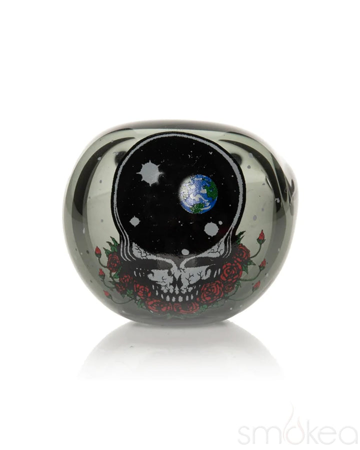 Round view of the Space Your Face spoon pipe bowl showing Earth and skull decal design