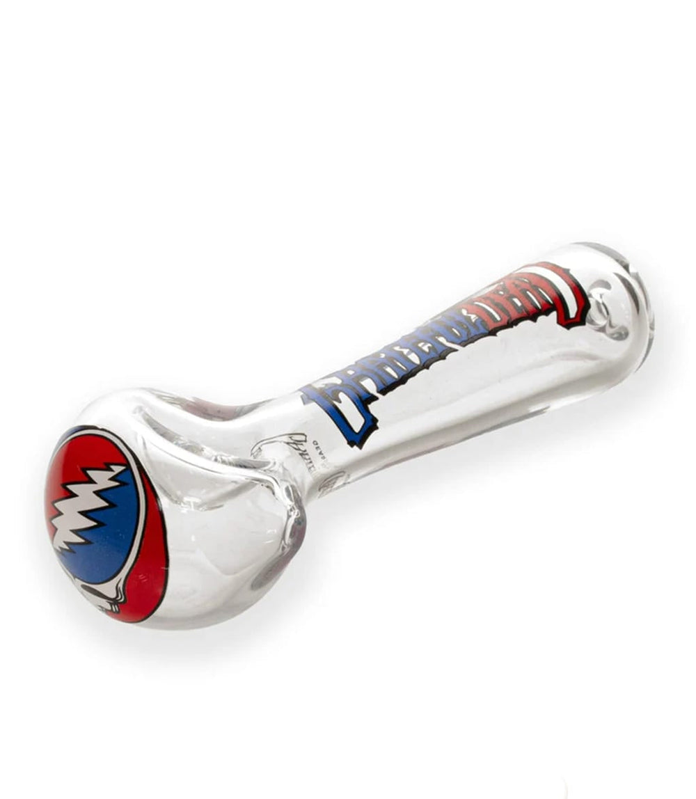 Clear glass spoon pipe with Steal Your Face lightning bolt bowl and lightning bolt stem art