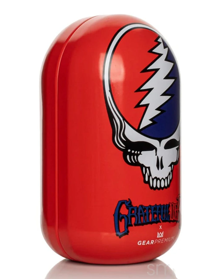 Red GEAR Premium x Grateful Dead Steal Your Face collectible tin with skull and lightning bolt design