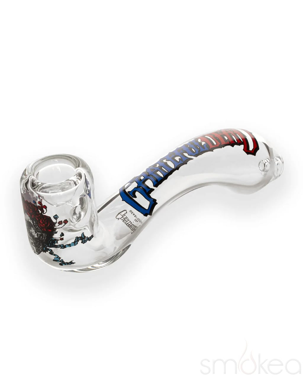 Close-up of the clear borosilicate glass Bertha Sherlock pipe bowl with red rose and skull decal detail