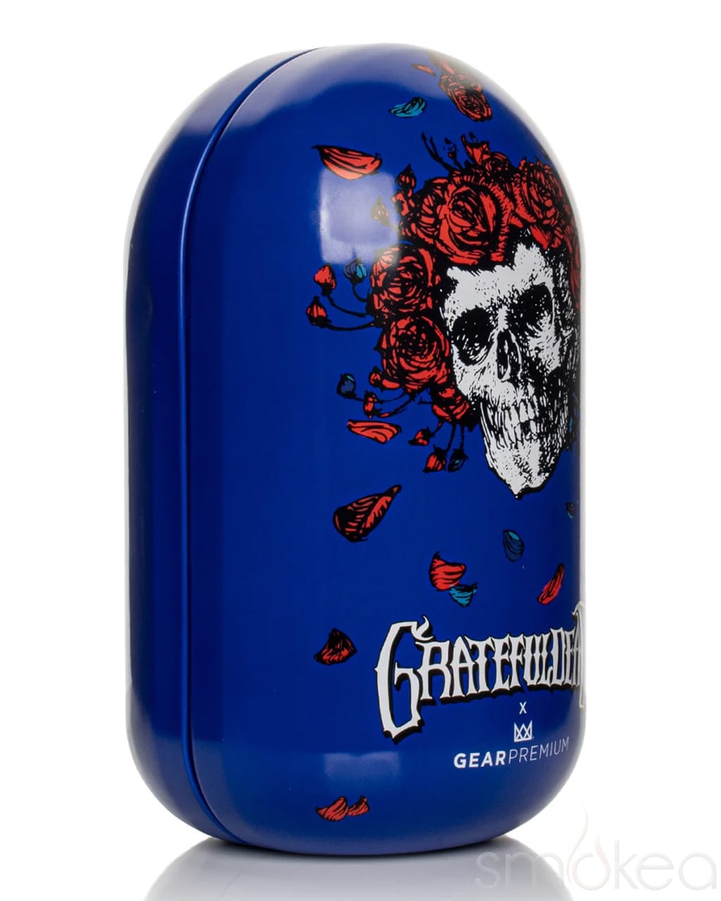 Blue GEAR Premium x Grateful Dead collectible tin with skull and rose design for the Bertha Sherlock pipe