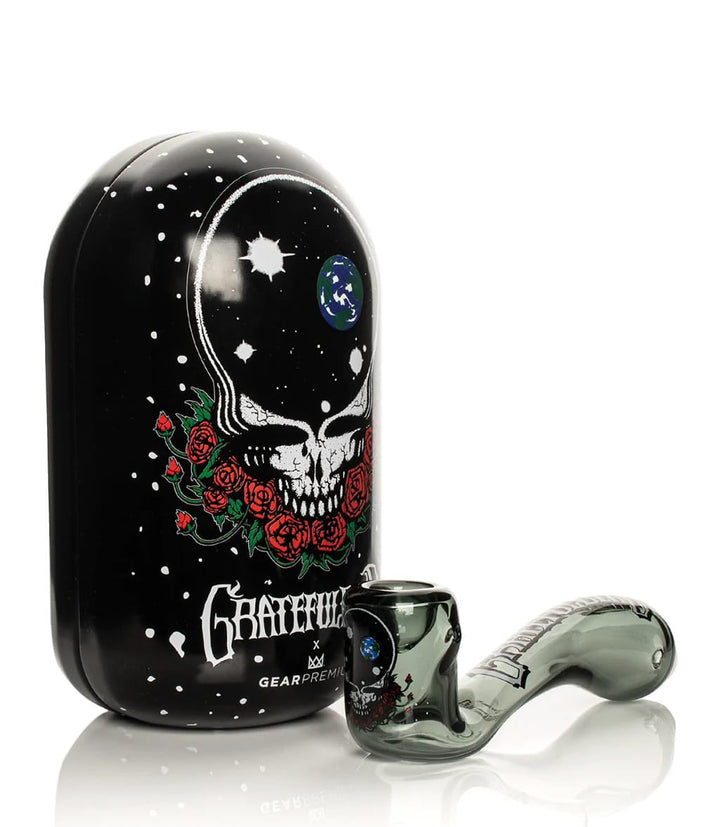GEAR x Grateful Dead Space Your Face sherlock pipe with black collectible tin featuring skull and roses design