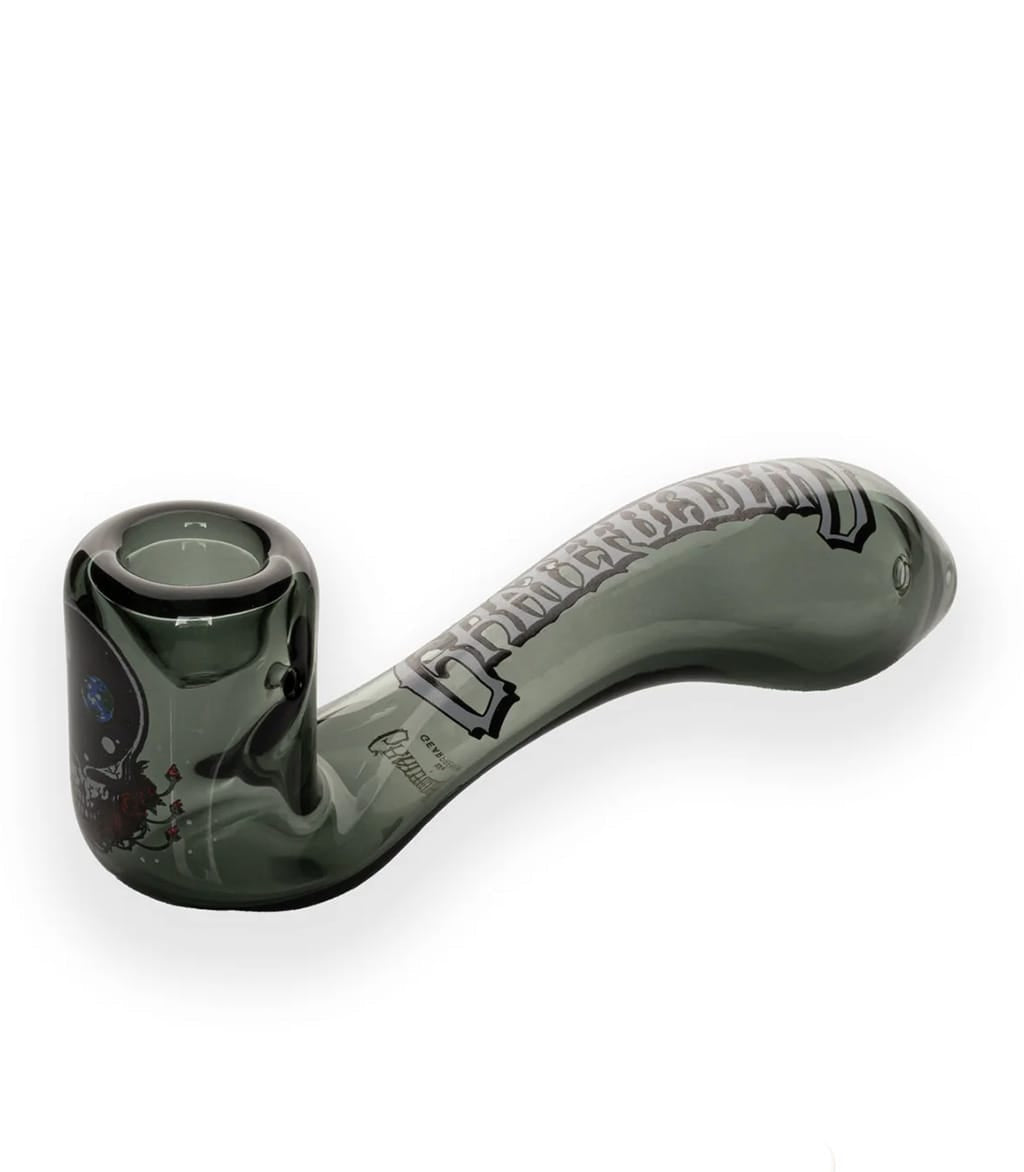 Smoke green glass sherlock hand pipe with Grateful Dead Space Your Face decal on the stem