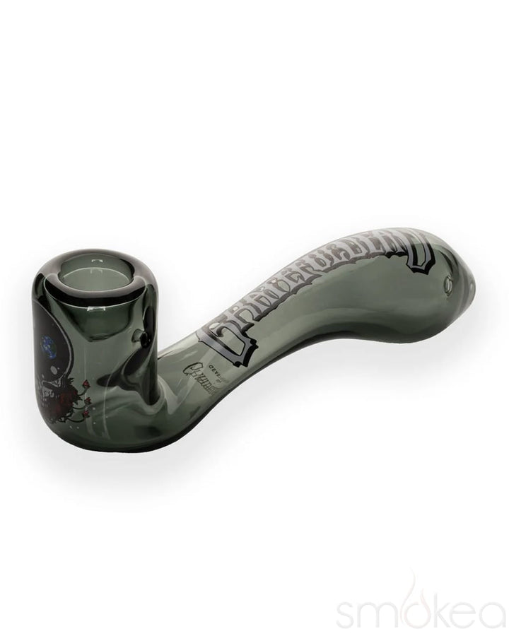 Smoke green glass sherlock hand pipe with Grateful Dead Space Your Face decal on the stem