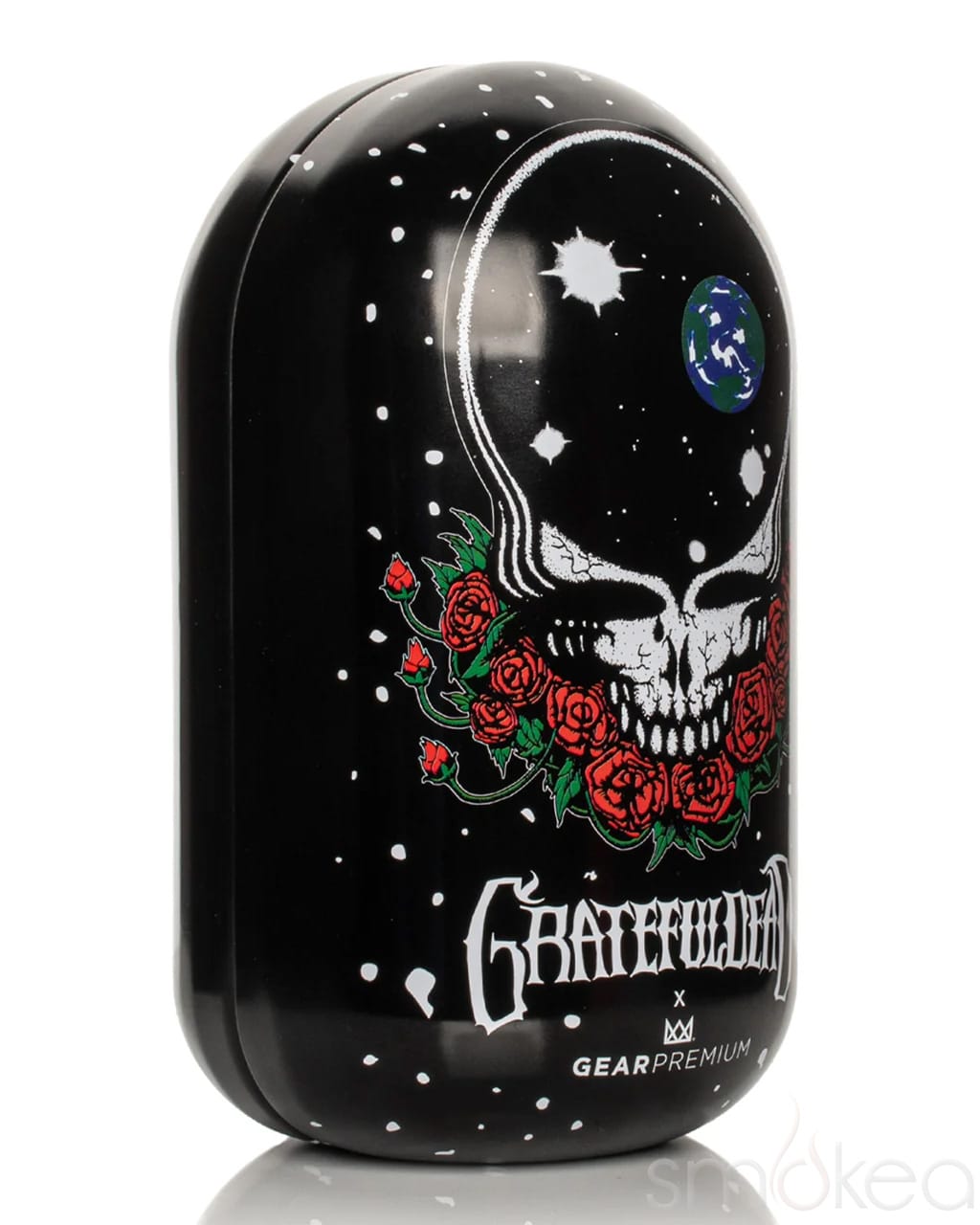 Black GEAR Premium x Grateful Dead collectible tin with Space Your Face skull, globe, and red roses design