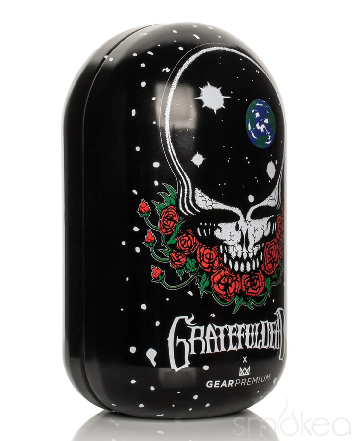 Black GEAR Premium x Grateful Dead collectible tin with Space Your Face skull, globe, and red roses design