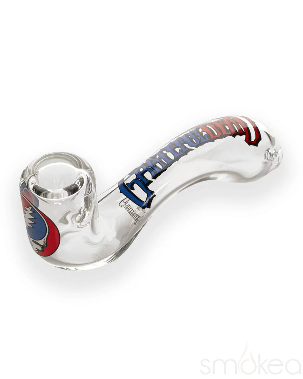 Close-up of the clear glass Steal Your Face Sherlock pipe bowl with red and blue skull decal