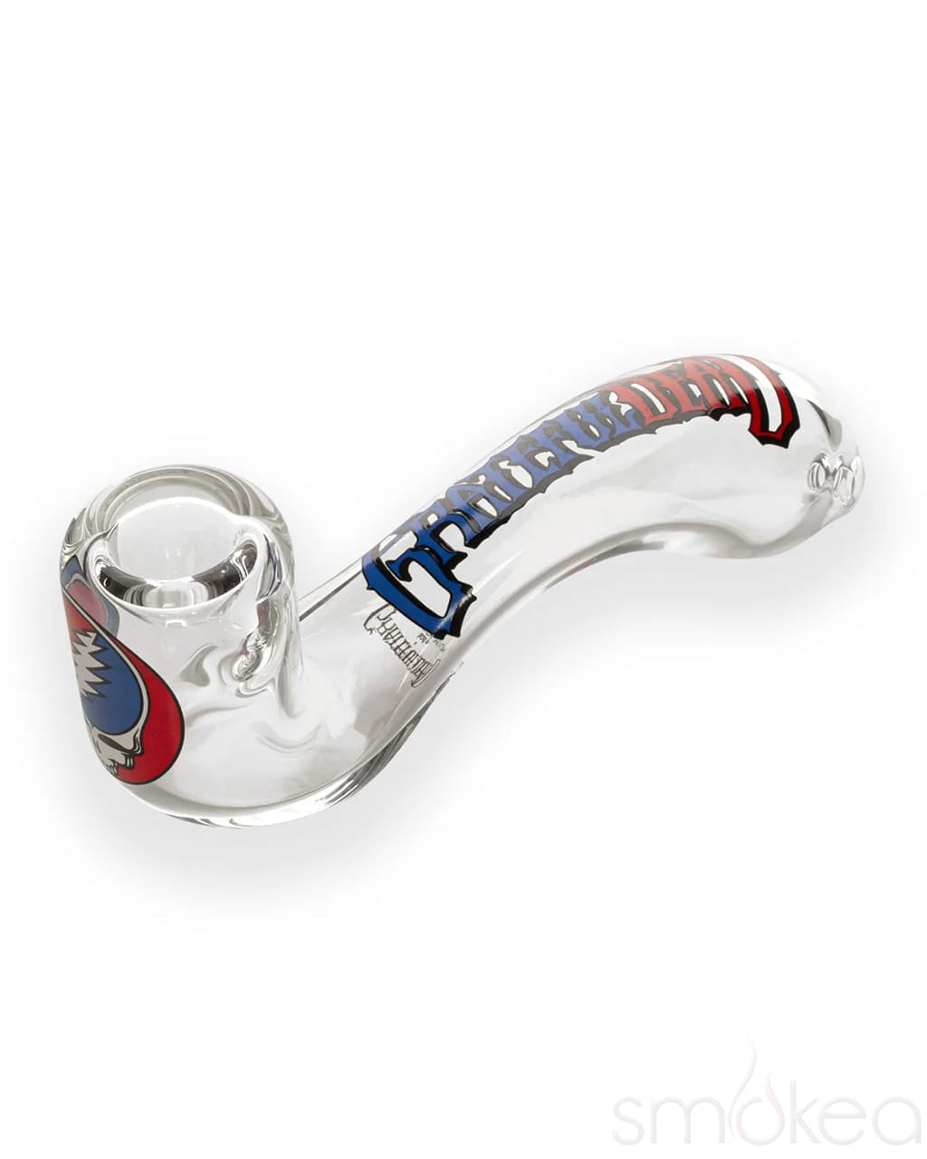 Close-up of the clear glass Steal Your Face Sherlock pipe bowl with red and blue skull decal