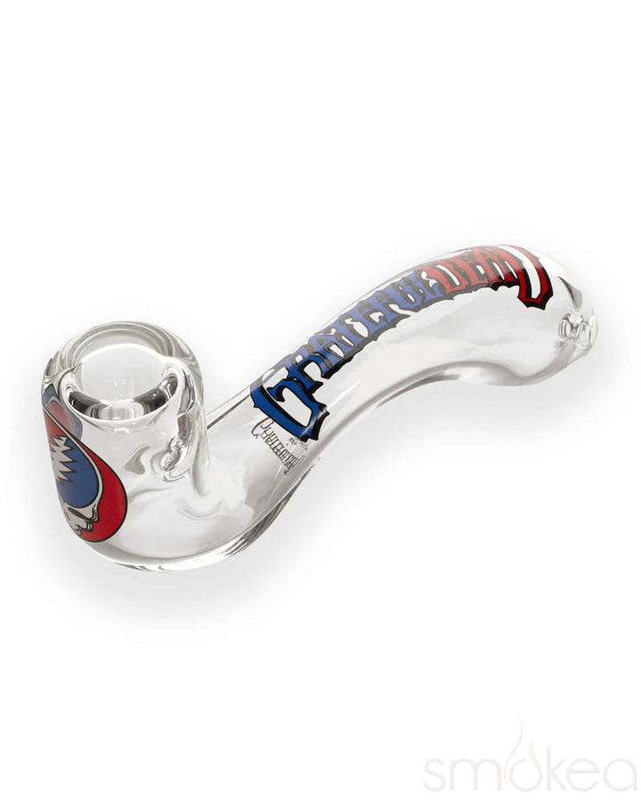 Close-up of the clear glass Steal Your Face Sherlock pipe bowl with red and blue skull decal