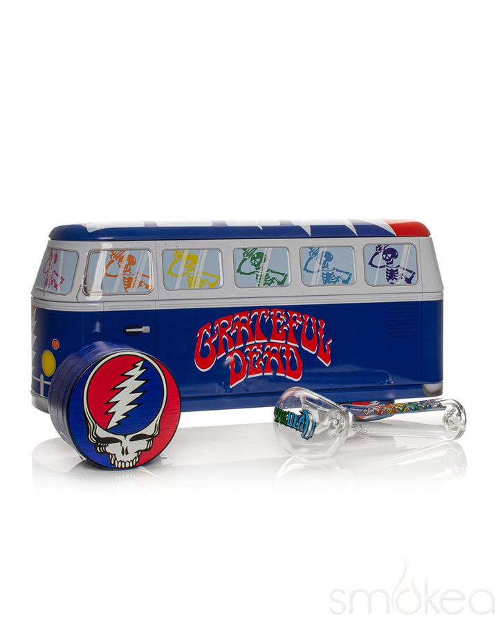 Blue Grateful Dead Dancing Skeleton bus tin with Steal Your Face grinder and glass spoon pipe