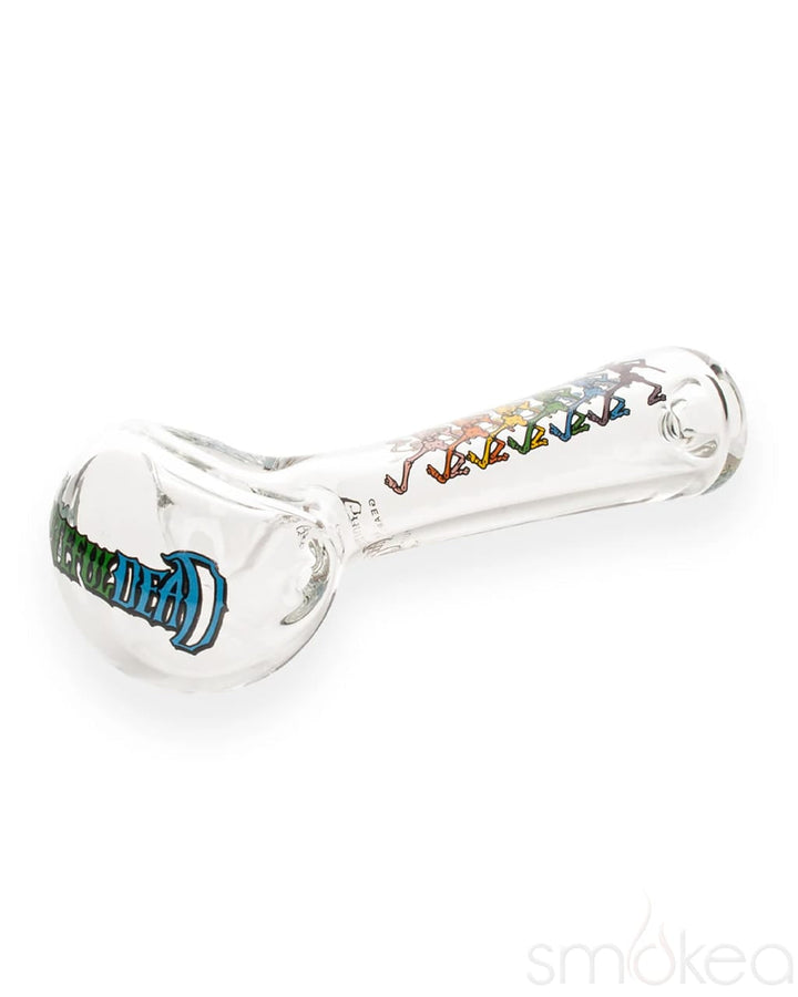 Clear glass spoon pipe with rainbow Dancing Skeletons and DEAD lettering design