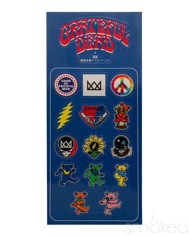 Grateful Dead x GEAR Premium sticker sheet with dancing bears, lightning bolt, sunflower, and peace sign designs