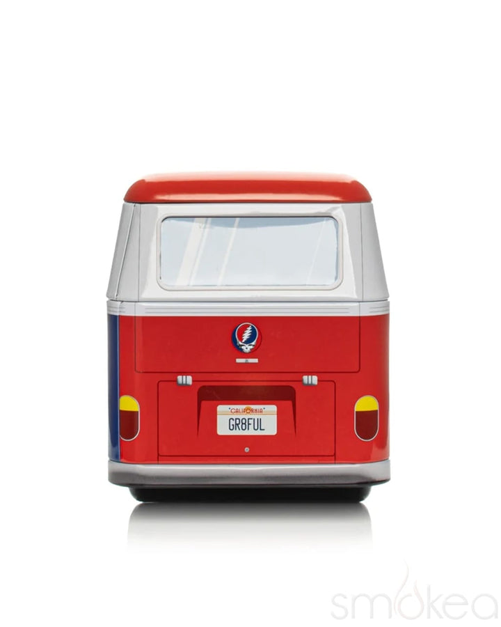 Rear view of Grateful Dead bus tin with Steal Your Face logo and GR8FUL license plate detail