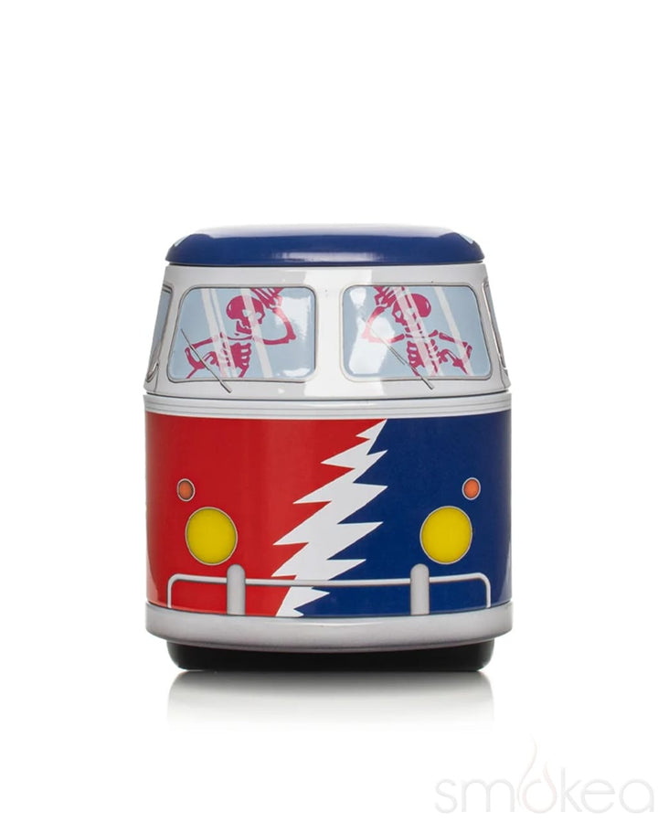 Front view of Grateful Dead bus tin with Steal Your Face lightning bolt graphic in red, white, and blue