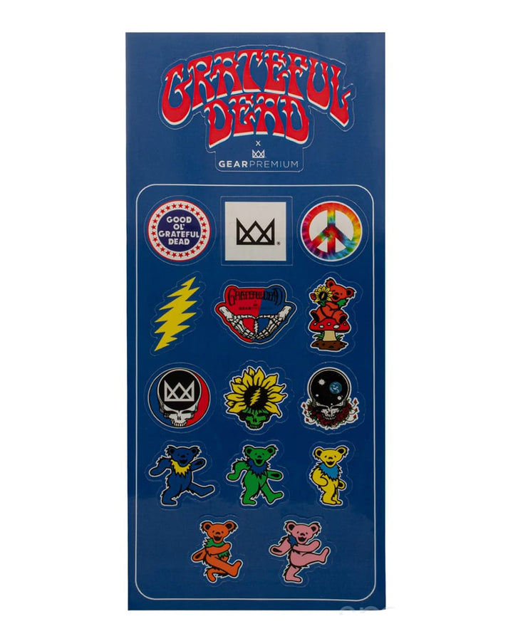 Grateful Dead x GEAR Premium sticker sheet with dancing bears, lightning bolt, sunflower, and peace sign designs