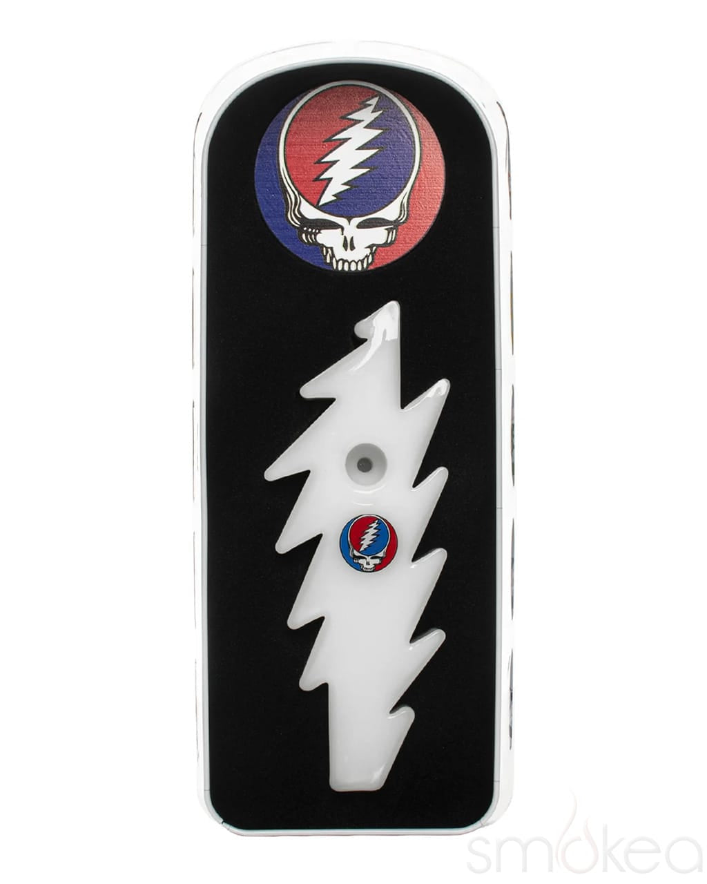White lightning bolt-shaped Grateful Dead collectible with Steal Your Face skull medallion