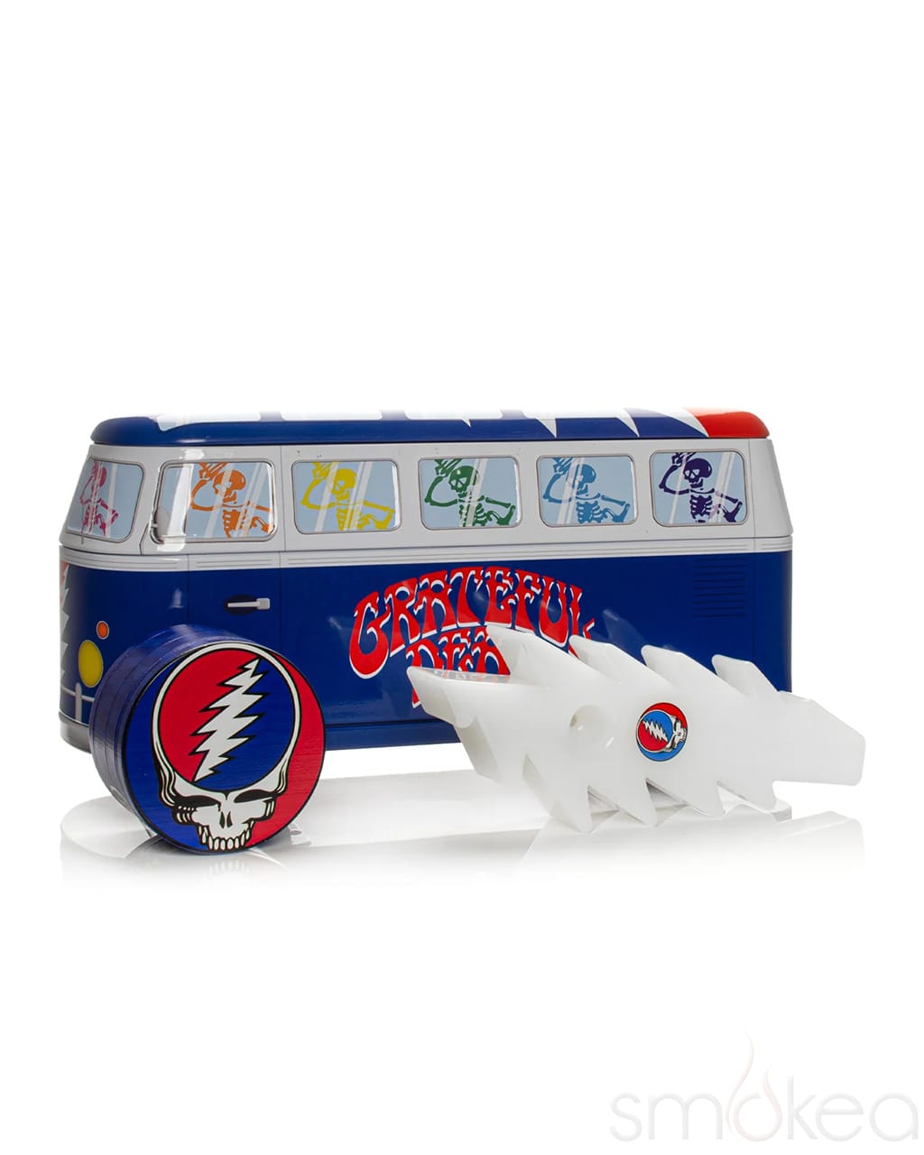 Blue Grateful Dead collectible bus tin with Steal Your Face grinder and Lightning Bolt hand pipe