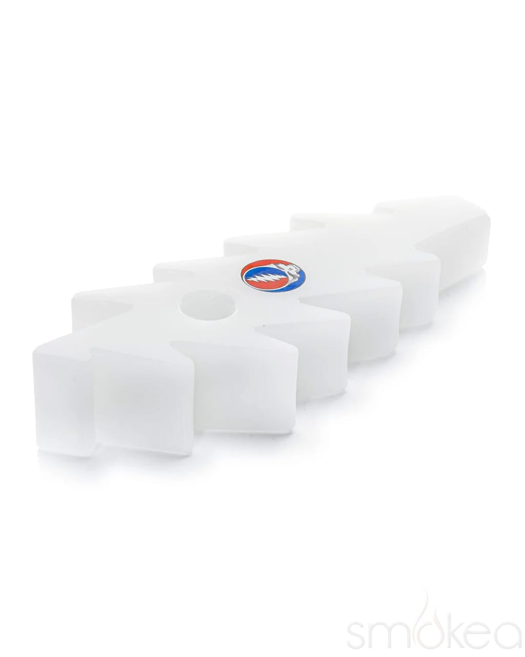 Multiple white lightning bolt-shaped Grateful Dead pipes with Steal Your Face medallion detail