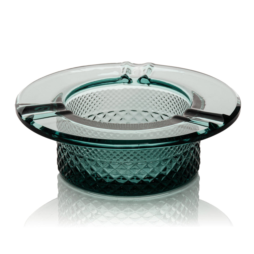 Jane West Twenties Collection Ashtray in Teal - heat-resistant crystal-cut glass ashtray with pre-roll divots