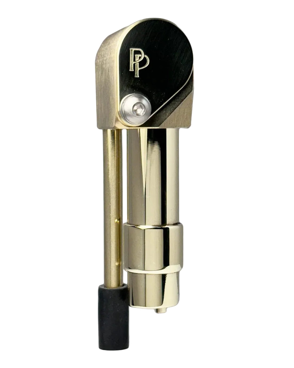 Proto Pipe Classic brass metal hand pipe with gold-finished removable mouthpiece and engraved PP logo, front view