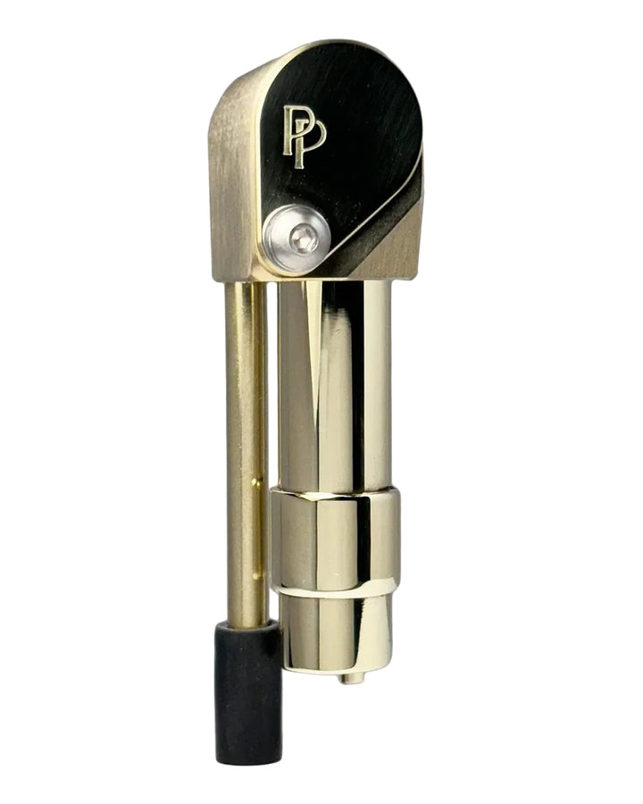 Proto Pipe Classic brass metal hand pipe with gold-finished removable mouthpiece and engraved PP logo, front view