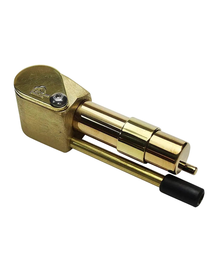 Proto Pipe Classic brass hand pipe side view with built-in cleaning poker tool extended