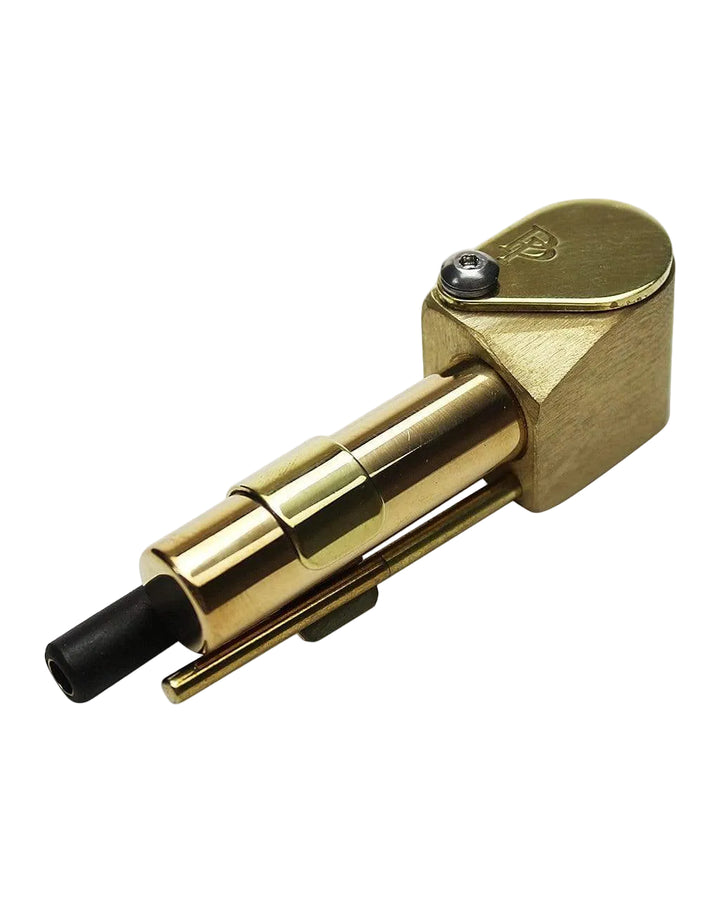 Proto Pipe Classic brass hand pipe angled view showing gold cap, cleaning poker, and mouthpiece