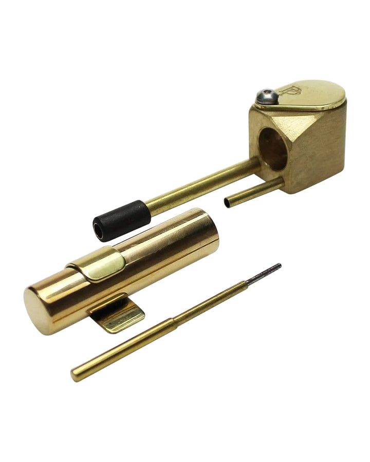 Proto Pipe Classic brass hand pipe disassembled showing body and cleaning poker tool separated