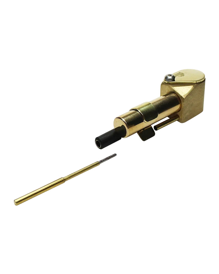Proto Pipe Classic brass hand pipe with removable cleaning poker tool laid out beside it
